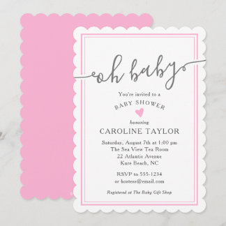 Invitation Oh Baby Simple Coeur Rose Baby shower fille