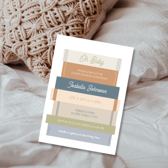 Invitation Oh Baby Storybook Stack Livre Baby shower Lover (Oh Baby Storybook Stack Book Lover Baby Shower Invitation GENDER NEUTRAL EARTHLY TONES)