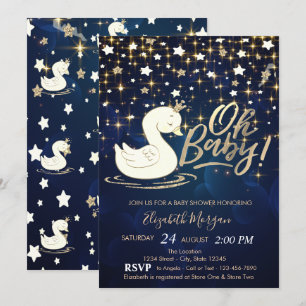 Invitation Oh Baby Swan Crown Stars Marine Baby shower bleu