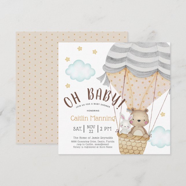 Invitation Oh Baby Teddy Bear Baby shower forestier neutre (Devant / Derrière)