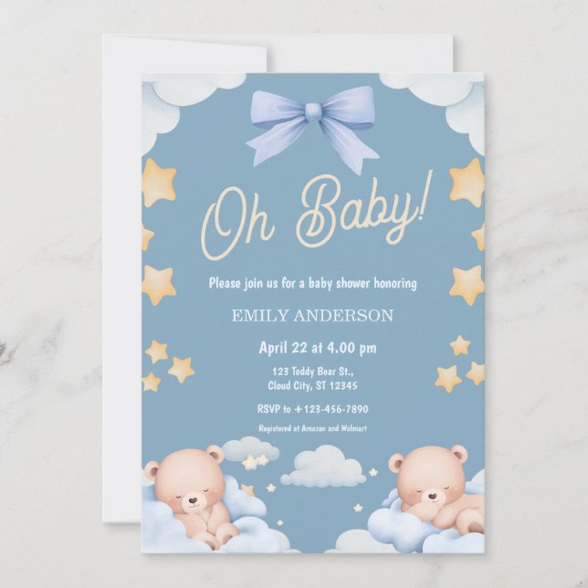Invitation Oh Baby Teddy Bear Twinkle Little Star Baby Shower (Devant)