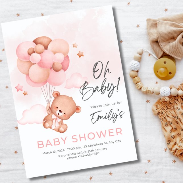 Invitation Oh Baby Teddy Ours Avec Balloon Girl Baby shower (Créateur téléchargé)