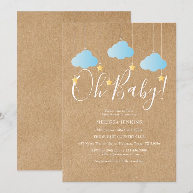 Invitation Oh Baby Twinkle Twinkle Baby Boy Shower / Sprinkle (Devant / Derrière)