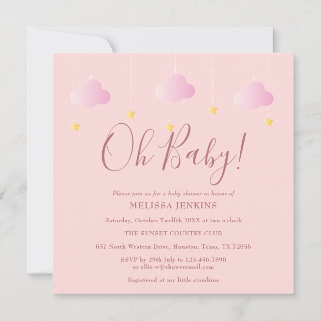 Invitation Oh Baby Twinkle Twinkle Baby shower rose (Devant)