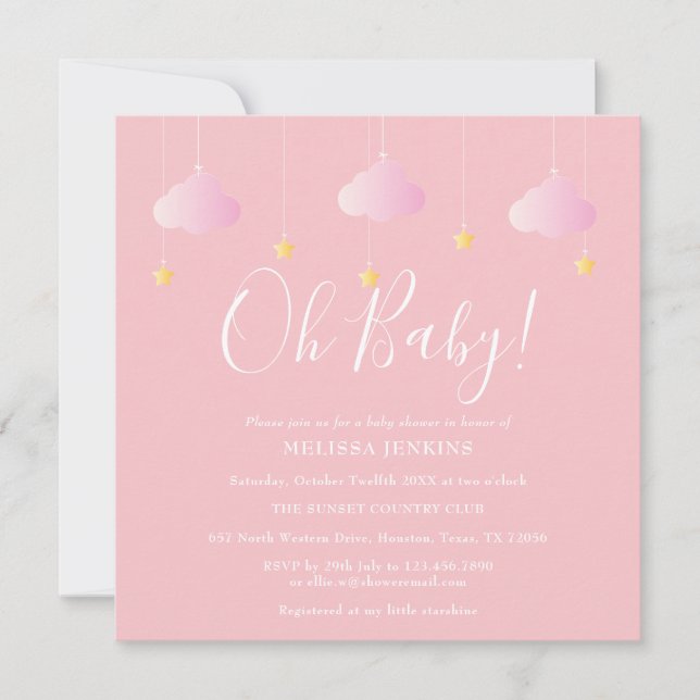 Invitation Oh Baby Twinkle Twinkle Baby shower rose (Devant)
