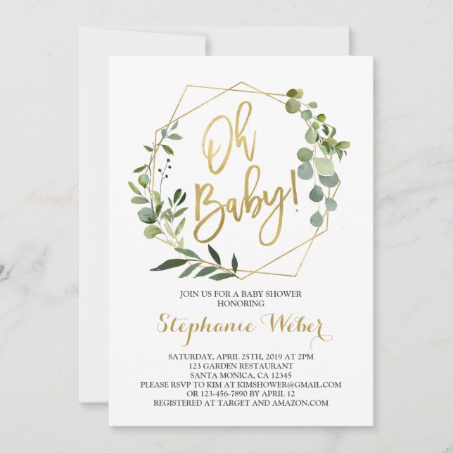 Invitation Oh Baby verdure et baby shower or (Devant)