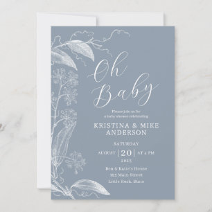 Invitation Oh Baby Vintage Botanique Dusty Bleu Blanc