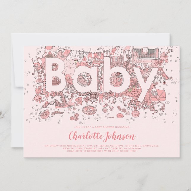 Invitation Oh Baby Watercolor Baby shower rose (Devant)