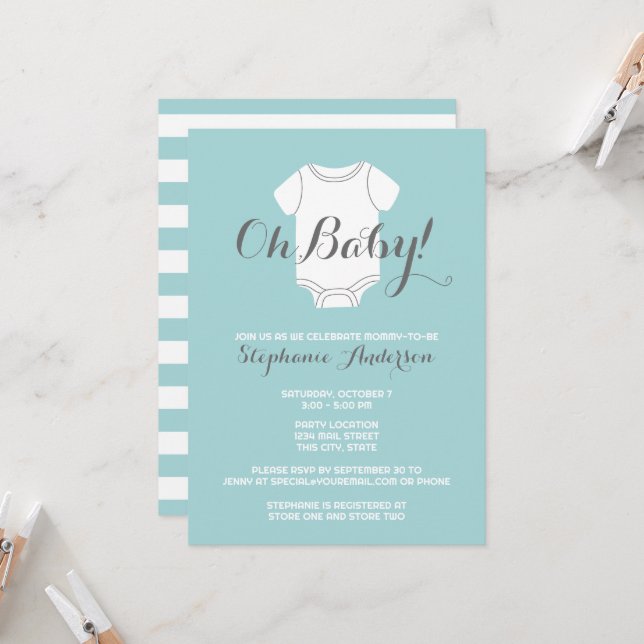 Invitation Oh Baby - Whimsical Blue Boy Party Douche (Devant/Arrière en situation)