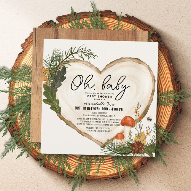 Invitation Oh Baby Wood Slice Mushroom Baby shower Drive-by (Créateur téléchargé)