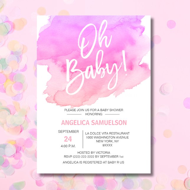 Invitation OH BÉBÉ ! Aquarelle Peach rose violet Baby shower (OH BABY! Watercolor Peach Pink Purple Baby Shower Invitation)