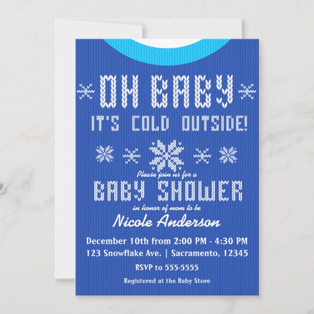 Invitation OH BÉBÉ Baby shower hiver Knit Sweater Bleu Blanc (Devant)