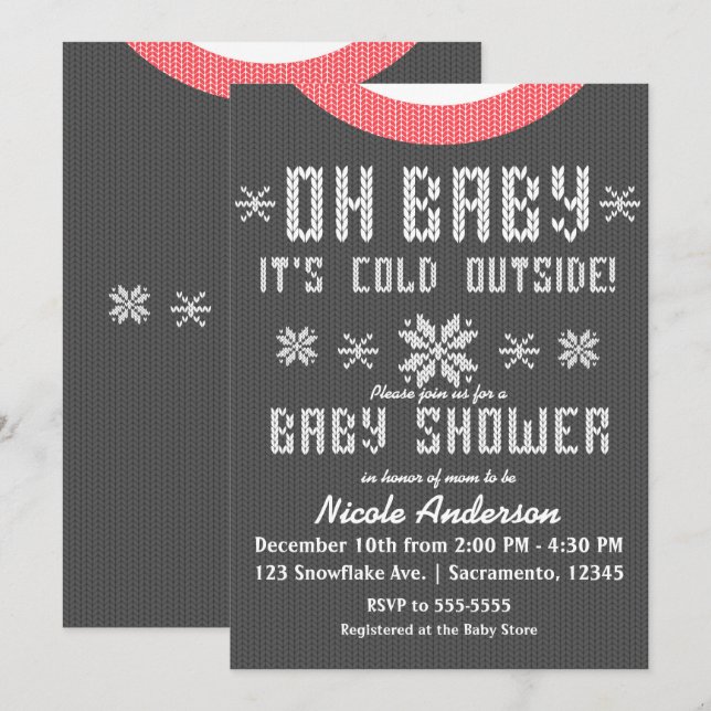 Invitation OH BÉBÉ Baby shower hiver Knit Sweater Gris Rouge (Devant / Derrière)