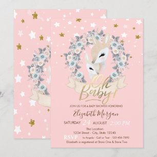 Invitation Oh Bébé Bébé Cerf Mignon  Étoiles D'or Baby Shower