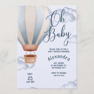 Invitation Oh Bébé Bleu Aquarelle Ballon Aerien Baby Shower