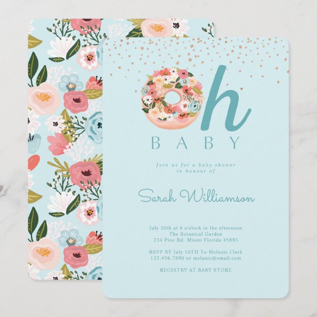 Invitation Oh Bébé Bleu Baby shower botanique floral de beign (Devant / Derrière)
