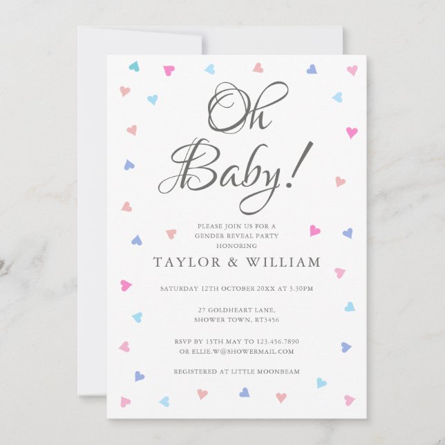Invitation Oh Bébé Bleu Coeurs rose Genre Reveal Party (Devant)
