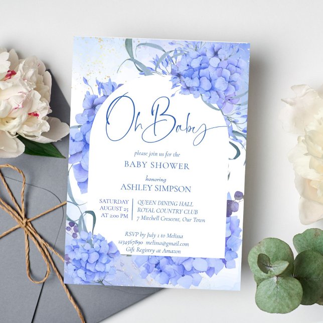 Invitation Oh bébé bleu hydrangée élégant baby shower (Oh Baby blue hydrangeas floral arch baby shower invitation modern casual script)