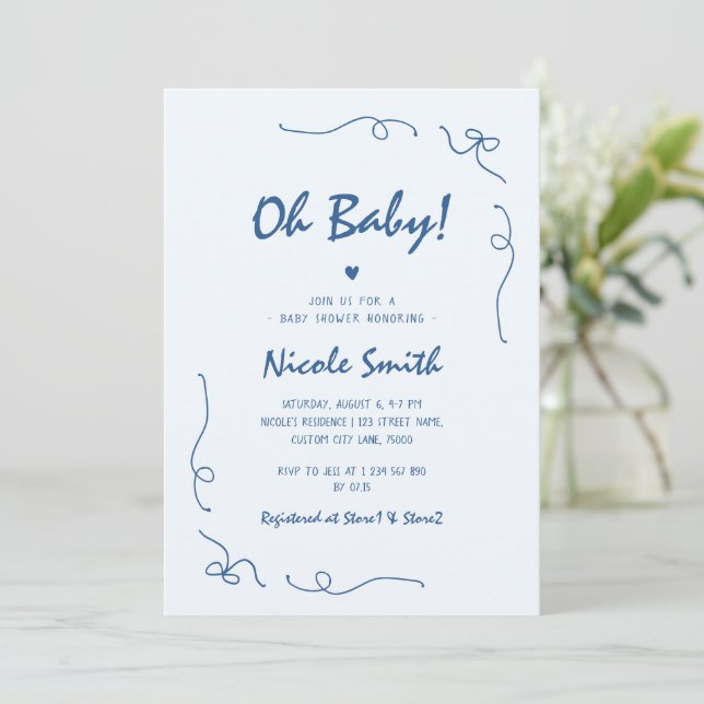 Invitation Oh Bébé Bleu Main tiré Baby shower Garçon Français (Debout devant)