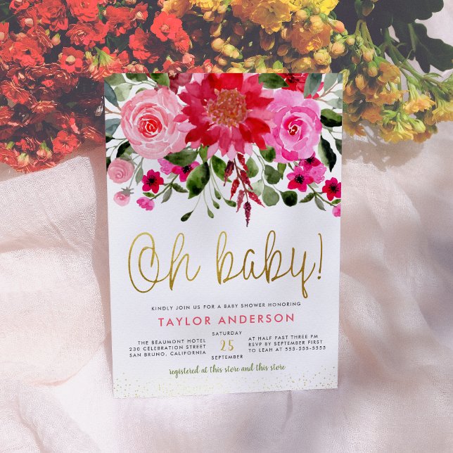 Invitation Oh Bébé Blush Rose & Rouge Floral Baby Girl Douche (Créateur téléchargé)
