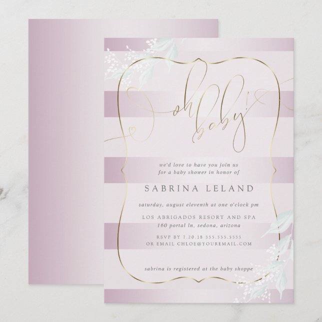 Invitation OH Bébé ! Calligraphie Ombré Rose Pink Stripes (Devant / Derrière)