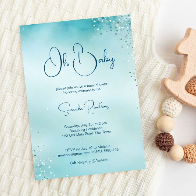 Invitation Oh bébé cyan aqua bleu baby shower (Oh baby cyan aqua blue baby shower invitation template digital download simple minimalist modern)