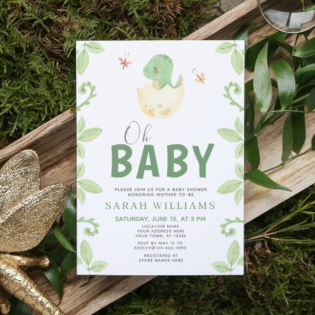Invitation Oh Bébé Dinosaure Fille Aquarelle Verte Douche (Get ready for a Jurassic celebration with our adorable dinosaur baby shower invitations! 🦕)