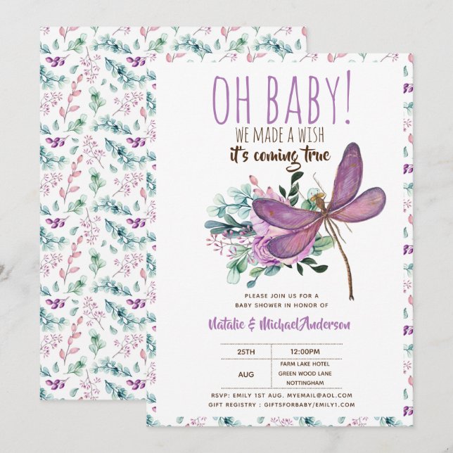 Invitation Oh Bébé DRAGONFLY Faire un Baby shower de souhait  (Devant / Derrière)
