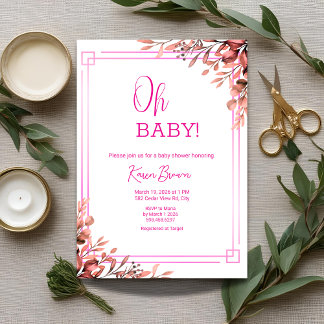 Invitation Oh bébé Elegant Verdure et Baby shower rose