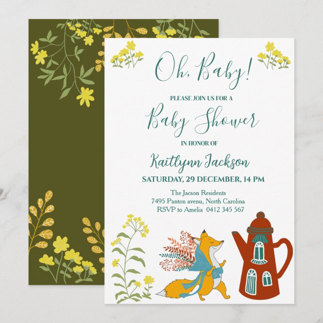 Invitation Oh, bébé Fox et Baby shower de fleurs (Devant / Derrière)