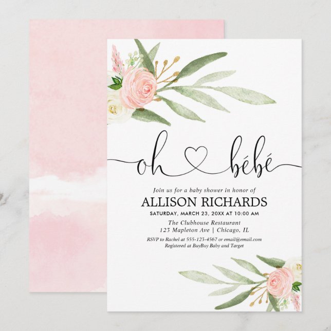 Invitation Oh bebe Français verdure or rose baby shower fille (Devant / Derrière)