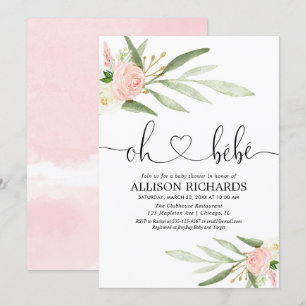 Invitation Oh bebe Français verdure or rose baby shower fille