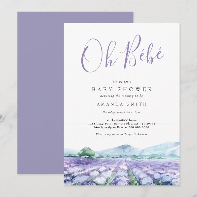 Invitation Oh Bebe French Lavender Baby shower (Devant / Derrière)