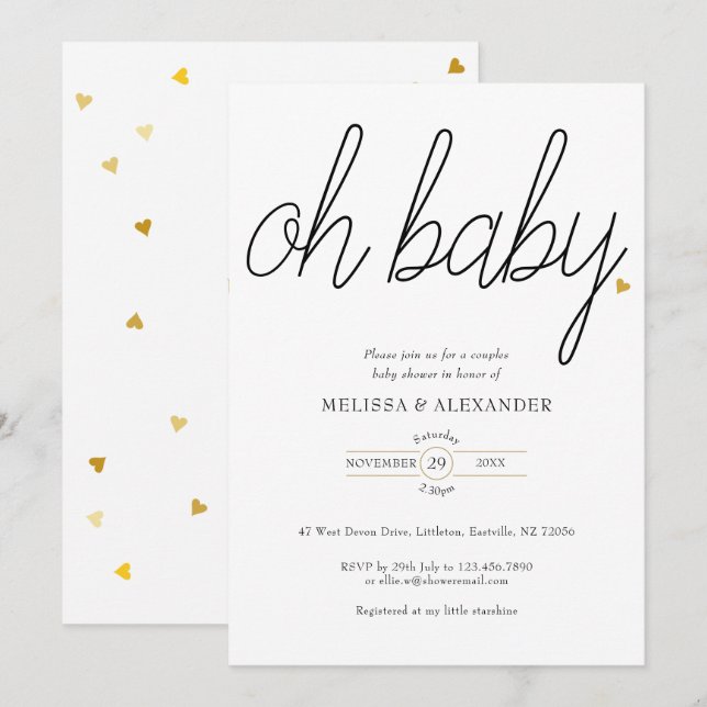 Invitation Oh Bébé Gold Love Baby shower Coeur Couples (Devant / Derrière)
