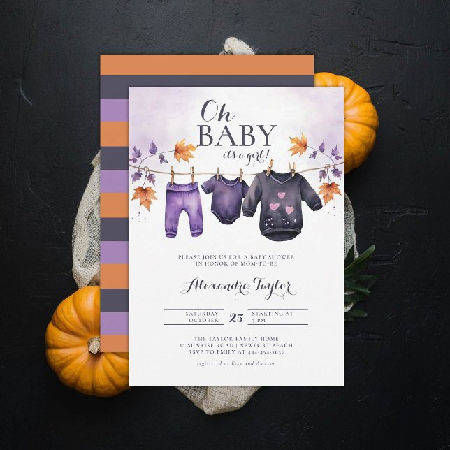 Invitation Oh Bébé Halloween Automne Octobre Vêtements Fille  (october baby shower ideas clothesline invitation halloween novermber fall leaves purple black)