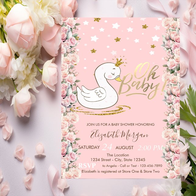 Invitation Oh Bébé mignon bébé Swan Roses Baby shower (Créateur téléchargé)