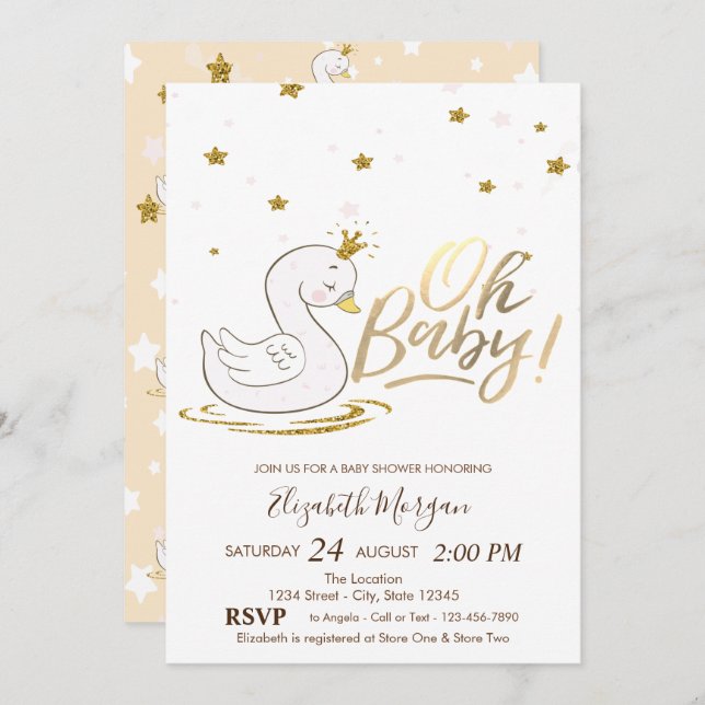Invitation Oh Bébé mignon bébé Swan Stars Baby shower (Devant / Derrière)