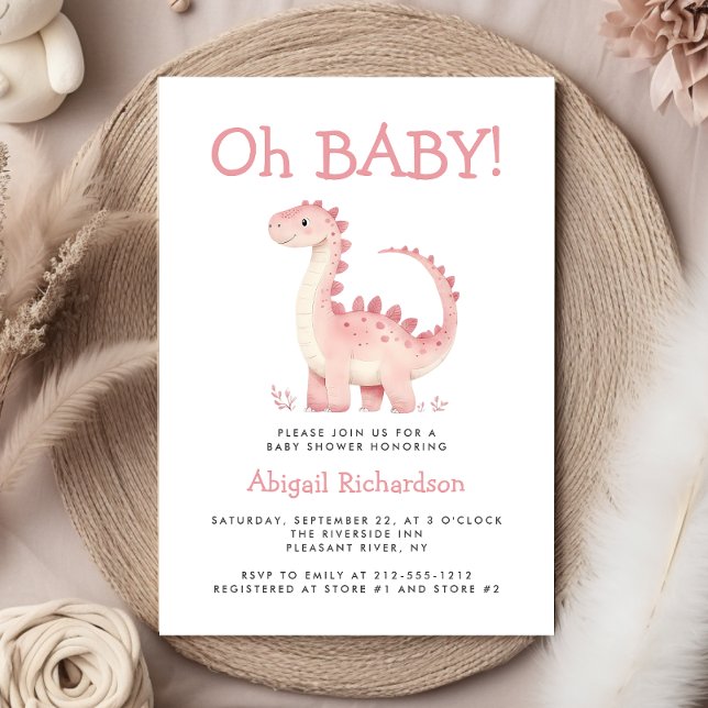 Invitation Oh Bébé mignon Dinosaure Rose Baby shower filles (Créateur téléchargé)