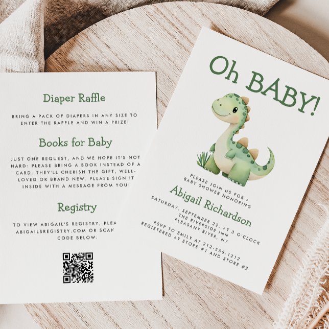 Invitation Oh Bébé mignon vert Dinosaur QR Code Baby shower (Créateur téléchargé)