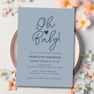 Invitation Oh Bébé Moderne Simple Bleu Poussiéreux Fête Préna