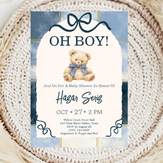Invitation Oh Bébé Ours en Peluche Bleu Baby Shower