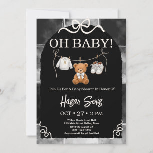 Invitation Oh Bébé Ours en Peluche Noir et Blanc Baby Shower