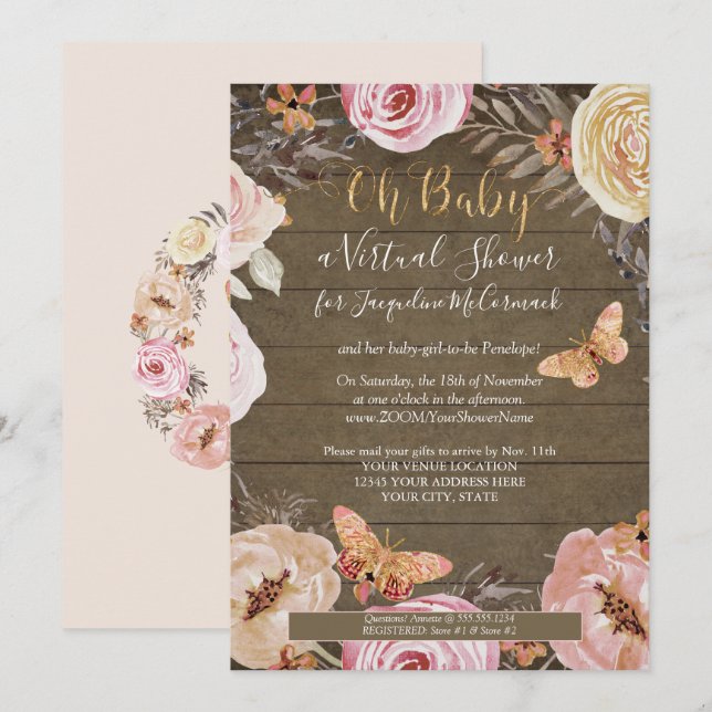 Invitation Oh Bébé papillon Floral Baby shower en bois rustiq (Devant / Derrière)