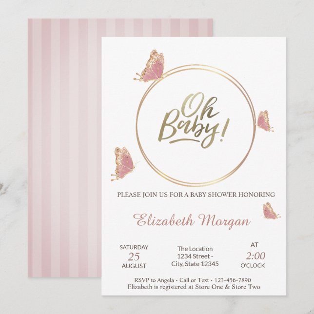 Invitation Oh Bébé Papillons Baby shower rayé (Devant / Derrière)