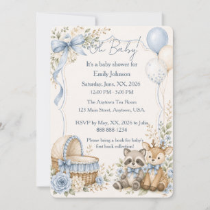 Invitation Oh Bébé Raton Laveur et Cerf Baby Shower Bleu