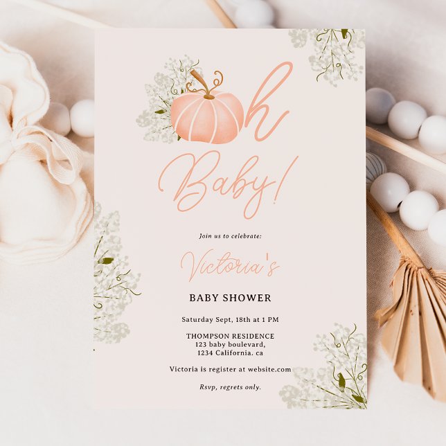 Invitation Oh Bébé rose citrouille baby shower floral fille (Oh Baby pink pumpkin floral girl baby shower Invitation)