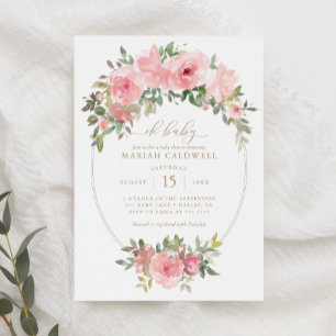 Invitation Oh Bébé rose or Floral verdure Baby shower fille