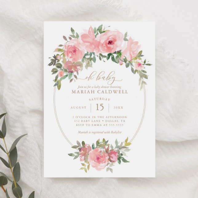 Invitation Oh Bébé rose or Floral verdure Baby shower fille (Créateur téléchargé)