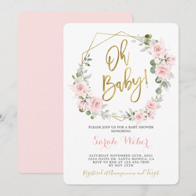 Invitation Oh Bébé rose pâle baby shower floral fille (Devant / Derrière)