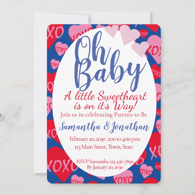 Invitation Oh Bébé rose rouge amoureux Baby shower bleu (Devant)